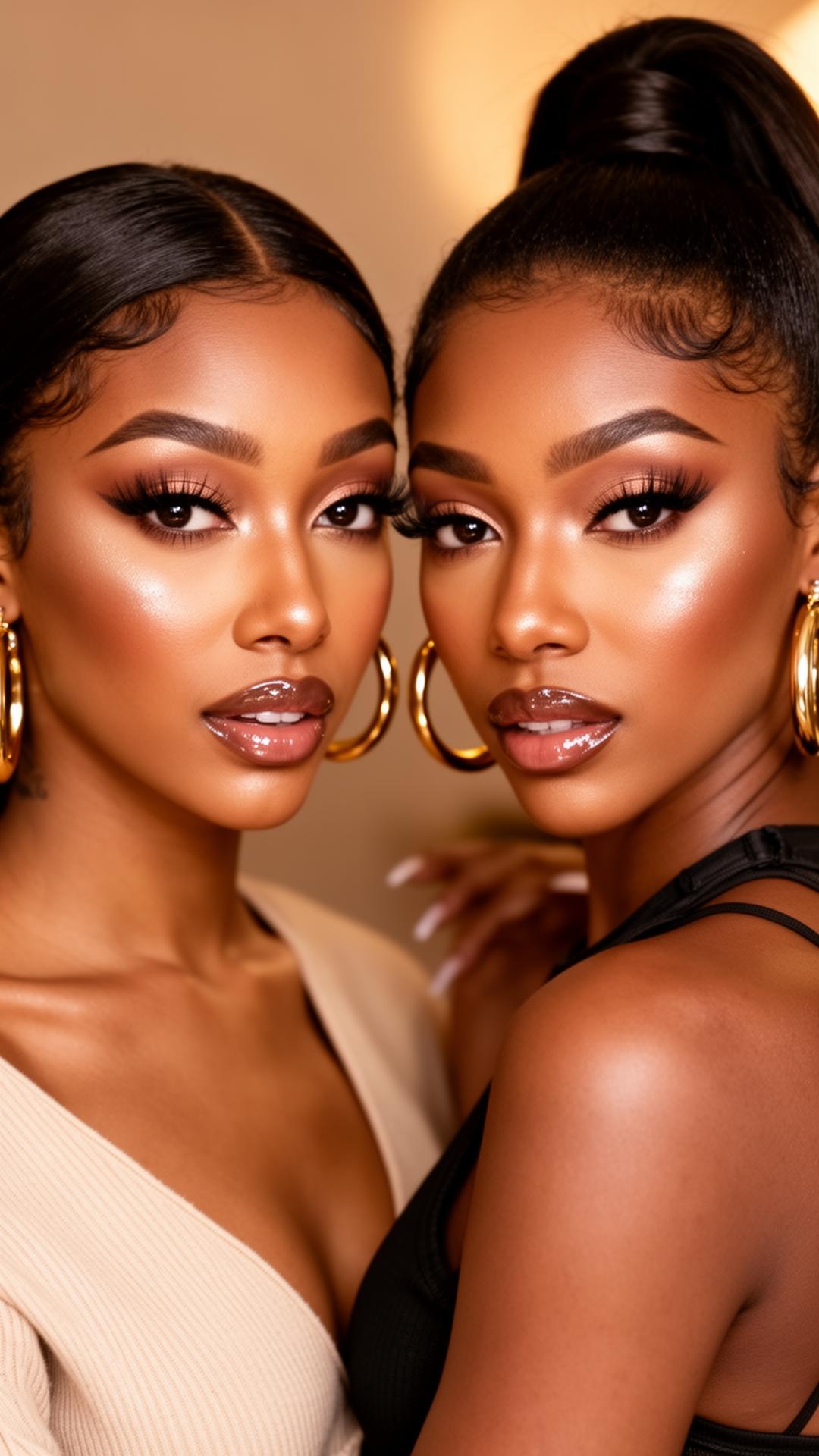 Close-up glamour portrait of two African American models with glossy makeup and gold hoops